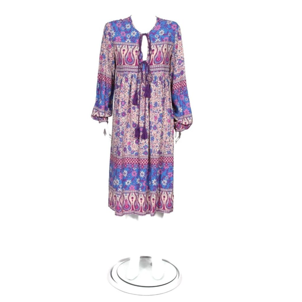 New R. Vivimos Purple Blue Indian Floral Print Boho Tassle Kaftan Dress XL /939